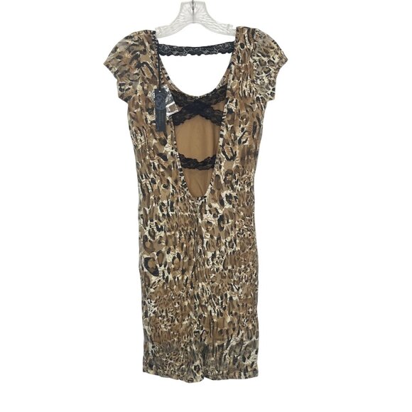 Poof Apparel Leopard Print Dress Small Brown New Lace-Back - Picture 2 of 10